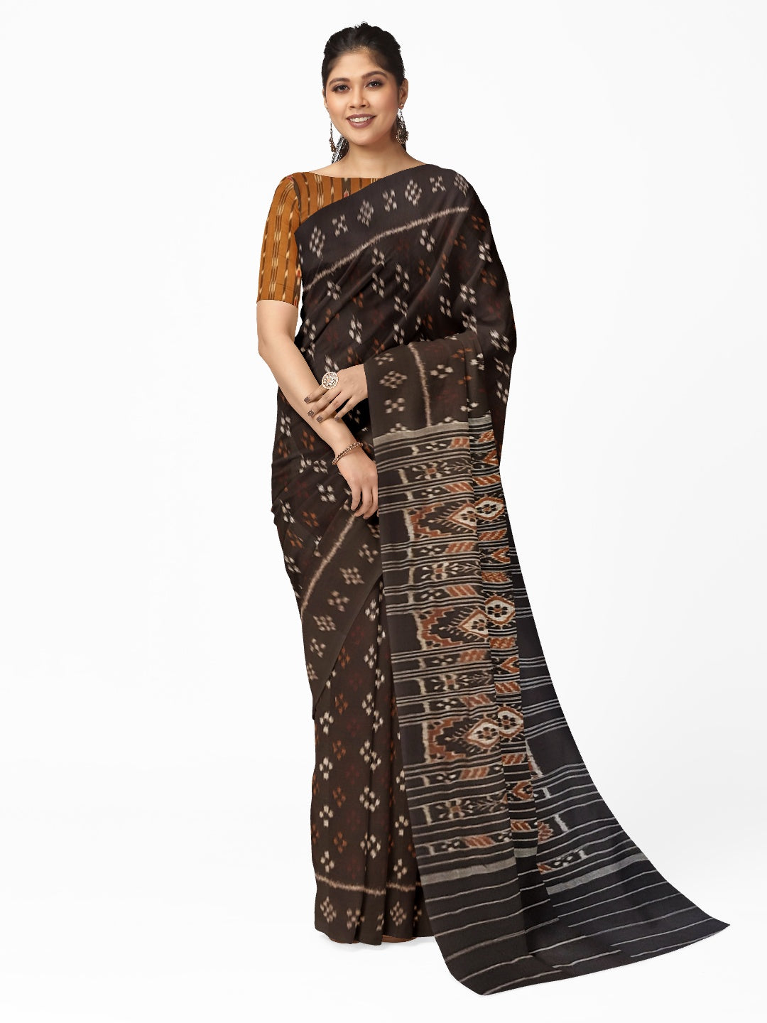 Black Cotton Odisha Ikat saree with cotton ikat blouse piece