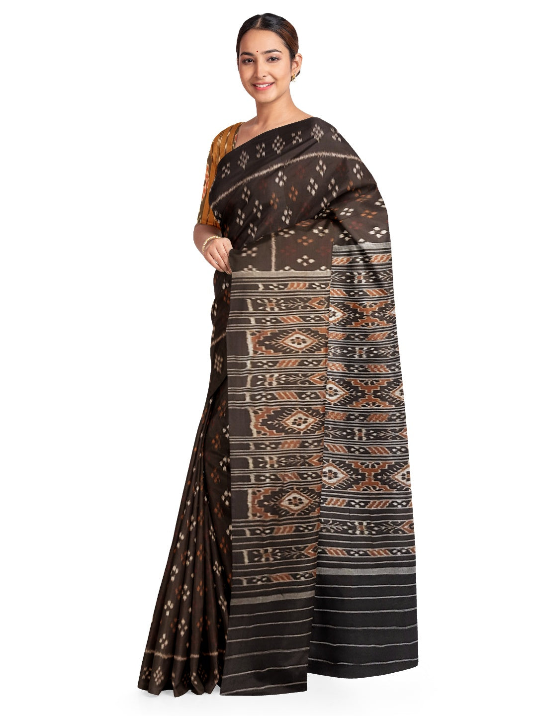Black Cotton Odisha Ikat saree with cotton ikat blouse piece