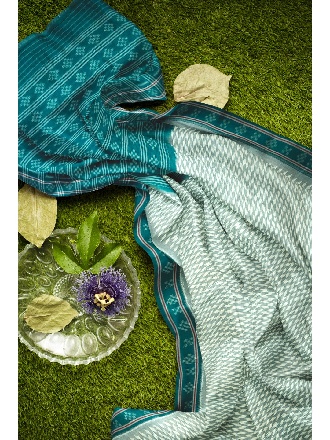 Off_White with Green Cotton Odisha Ikat saree with mix match cotton ikat blouse piece