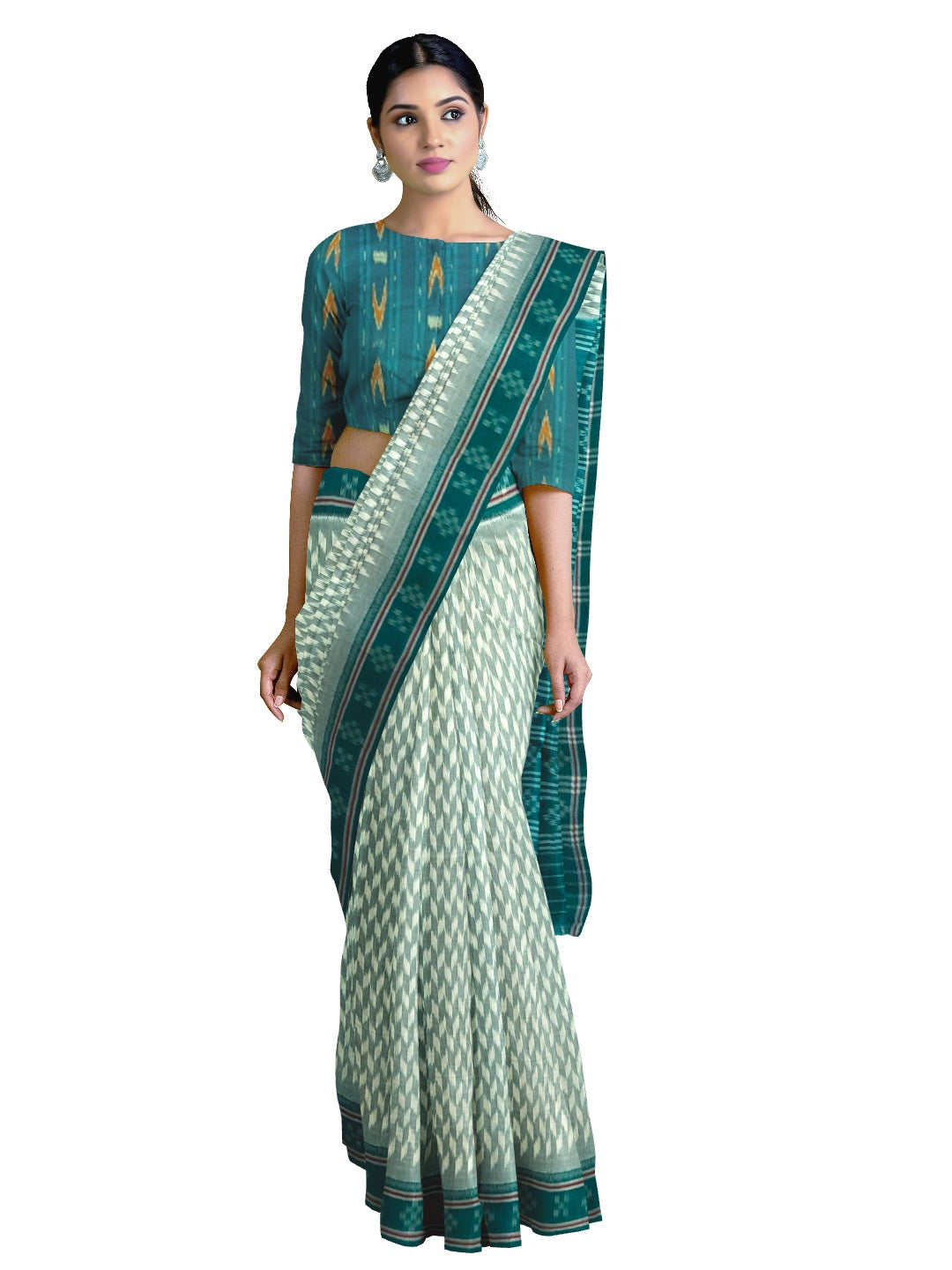 Off_White with Green Cotton Odisha Ikat saree with mix match cotton ikat blouse piece