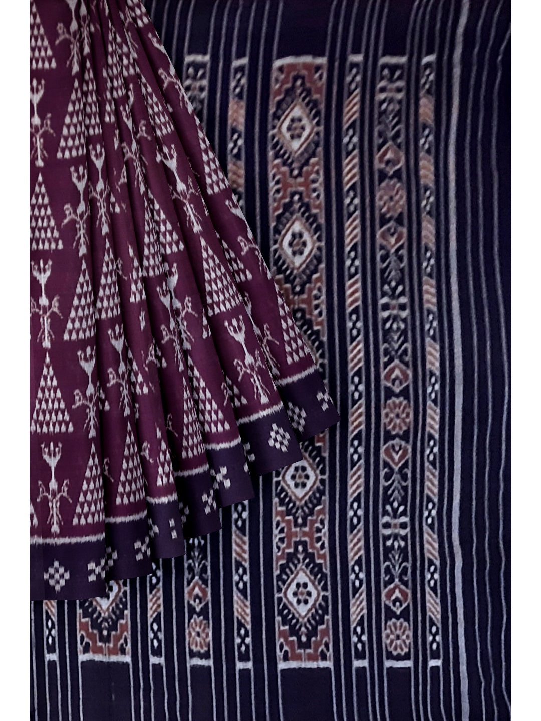 Brown Cotton Odisha Ikat saree with cotton ikat blouse piece