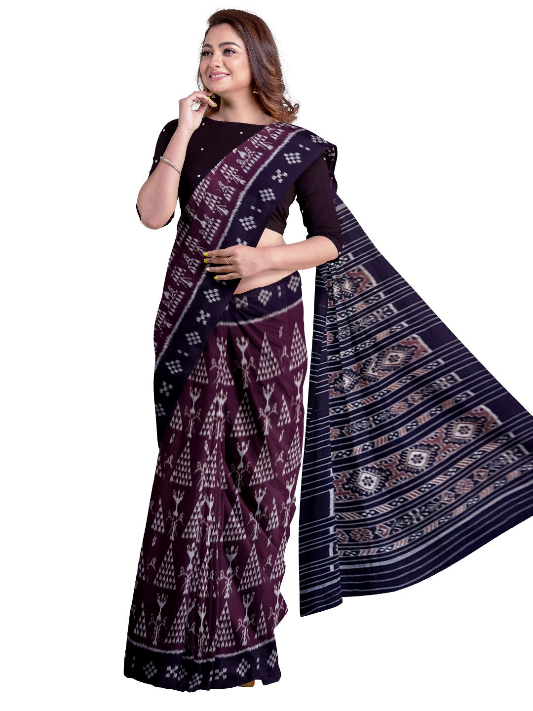Brown Cotton Odisha Ikat saree with cotton ikat blouse piece