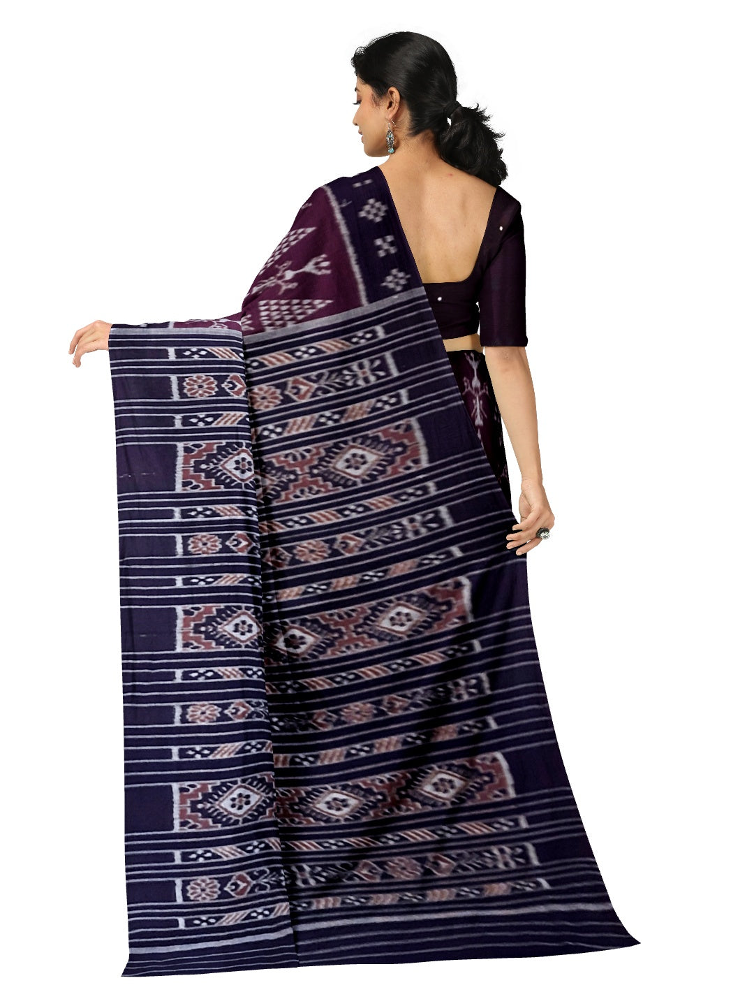 DarkPurple Cotton Odisha Ikat saree with  matching cotton ikat blouse piece