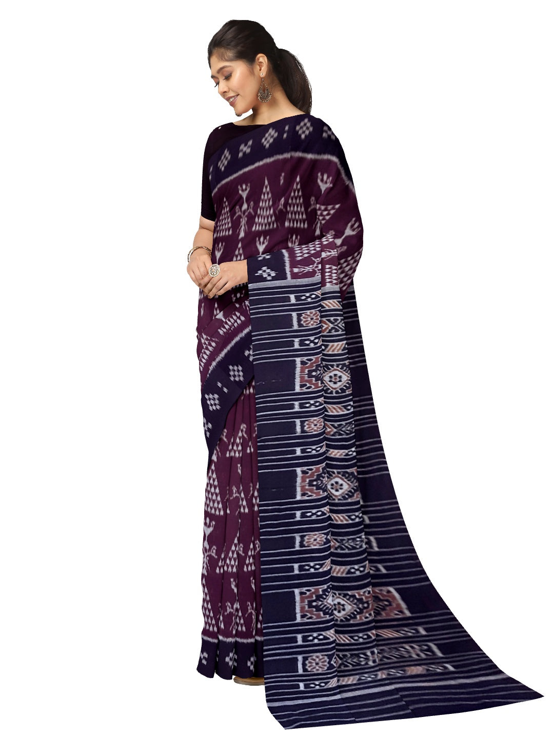 DarkPurple Cotton Odisha Ikat saree with  matching cotton ikat blouse piece
