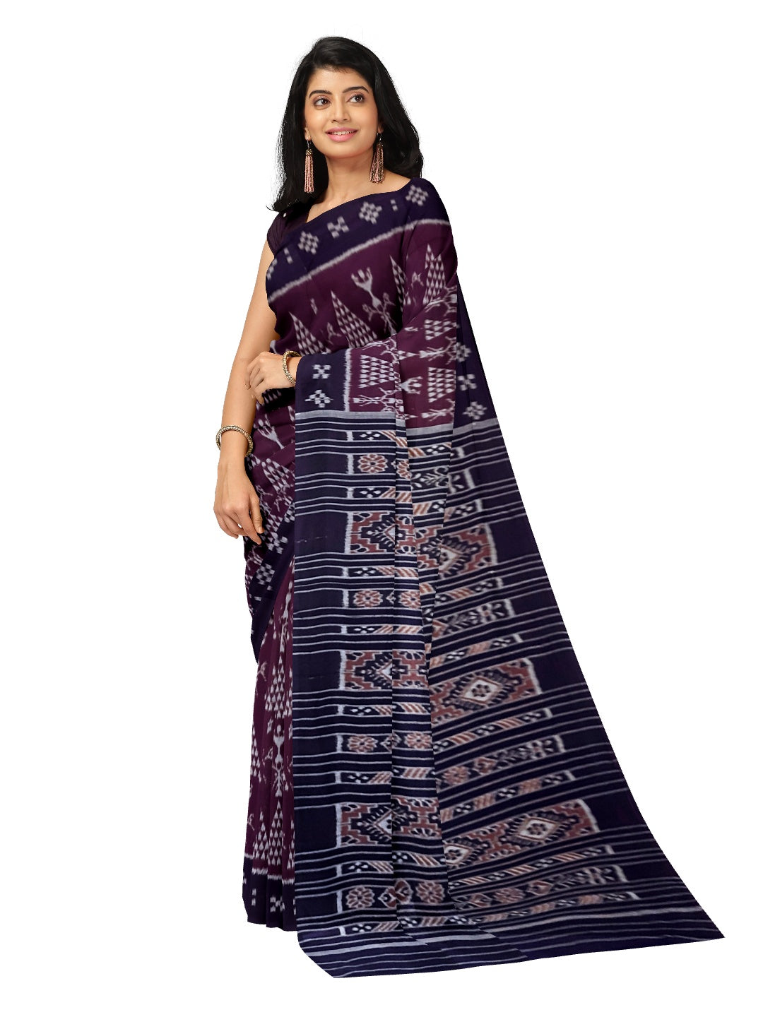 DarkPurple Cotton Odisha Ikat saree with  matching cotton ikat blouse piece