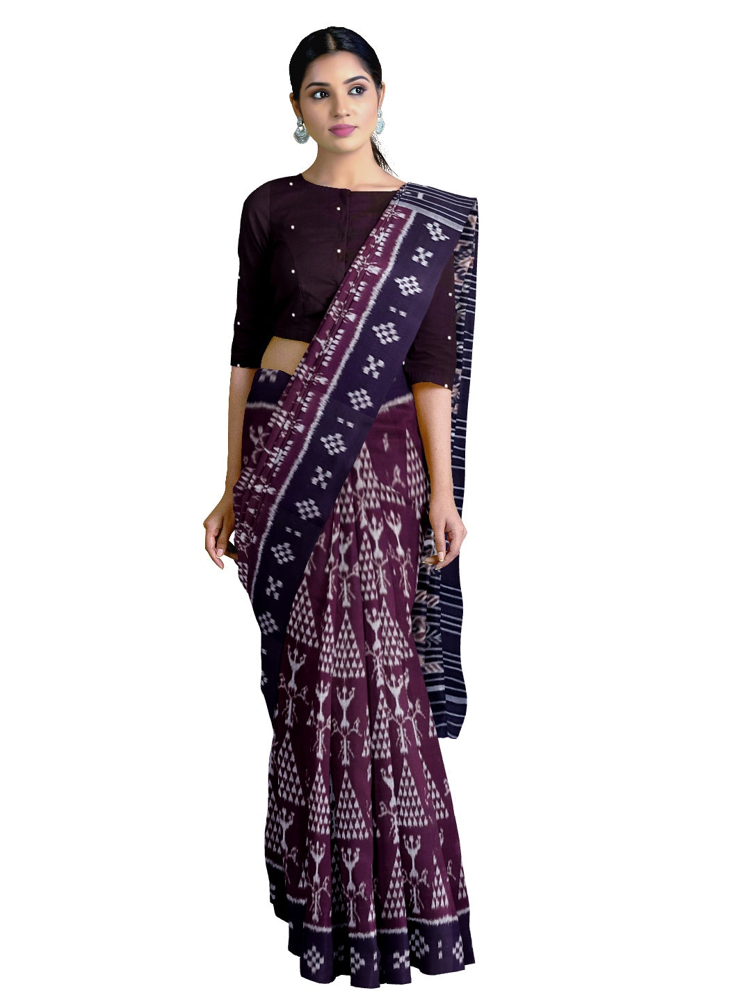 Brown Cotton Odisha Ikat saree with cotton ikat blouse piece