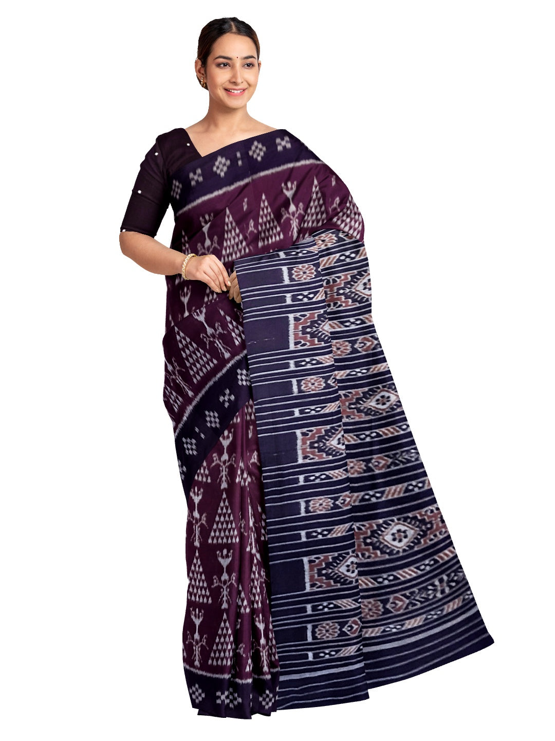 DarkPurple Cotton Odisha Ikat saree with  matching cotton ikat blouse piece