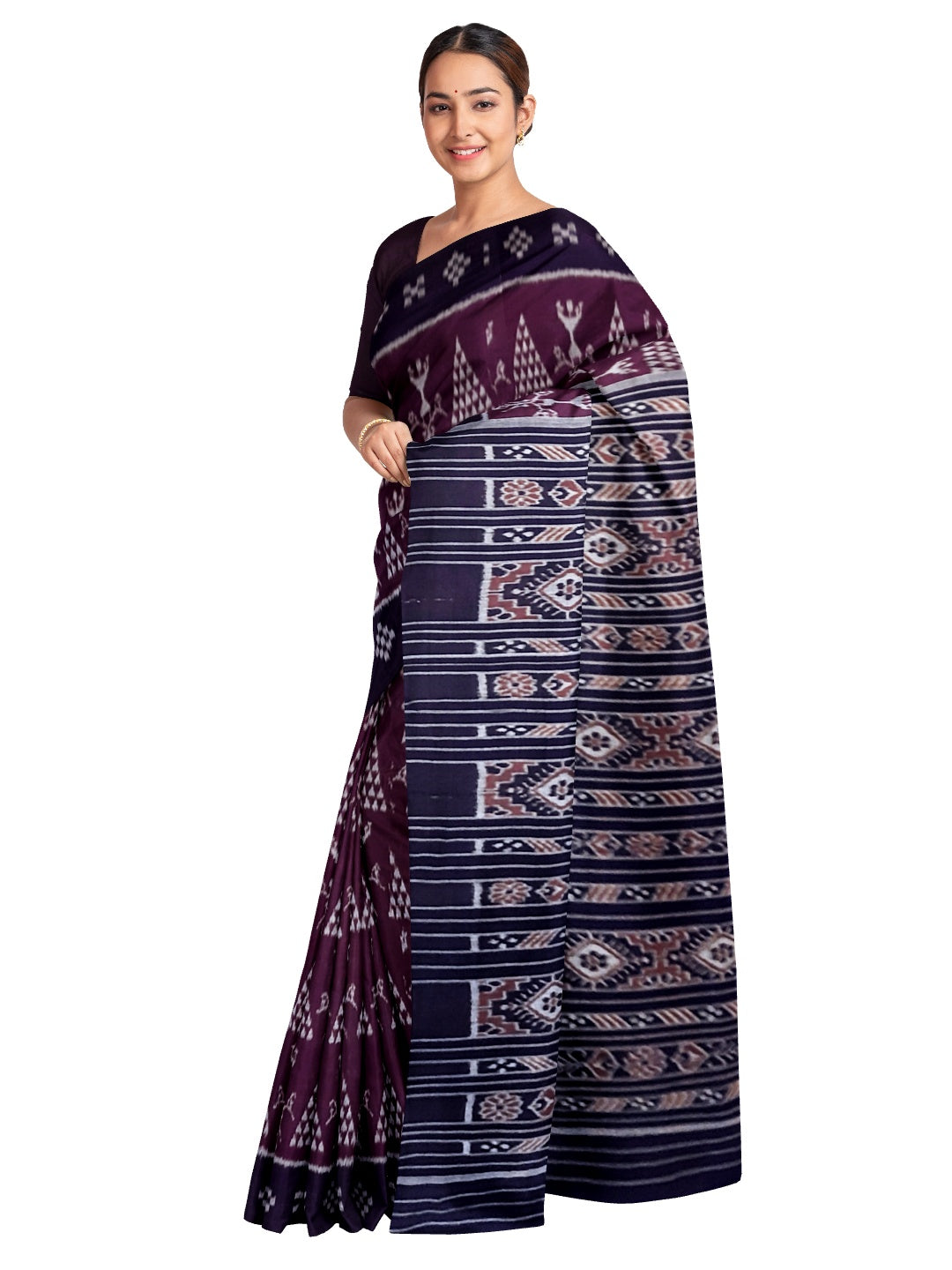 DarkPurple Cotton Odisha Ikat saree with  matching cotton ikat blouse piece
