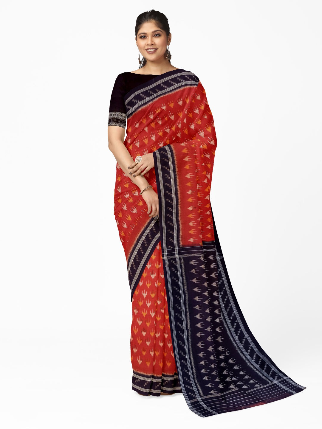 Rust Cotton Odisha Ikat saree with mix match cotton ikat blouse piece