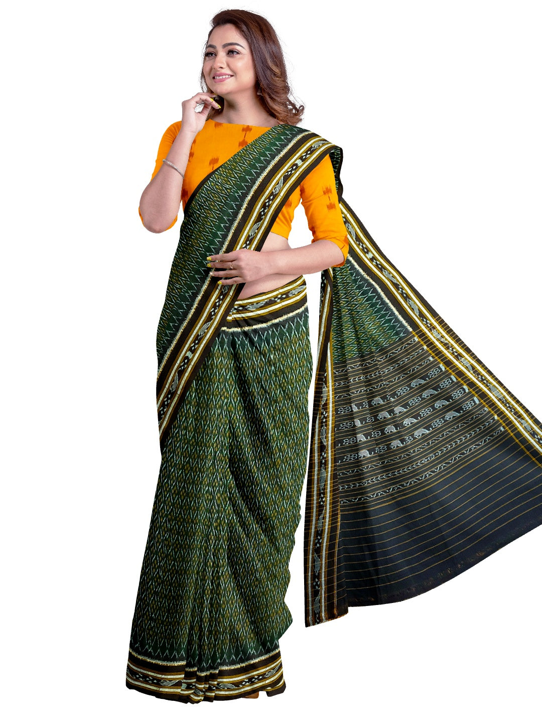 Green Cotton Odisha Ikat saree with mix match cotton ikat blouse piece