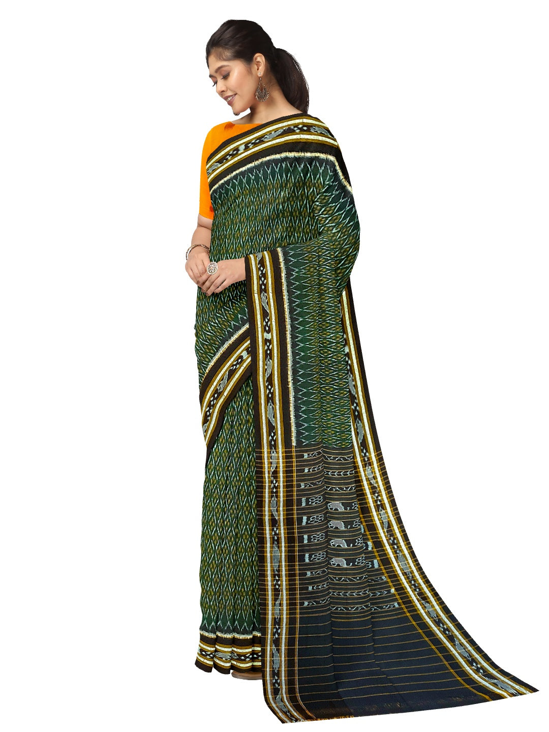 Green Cotton Odisha Ikat saree with mix match cotton ikat blouse piece