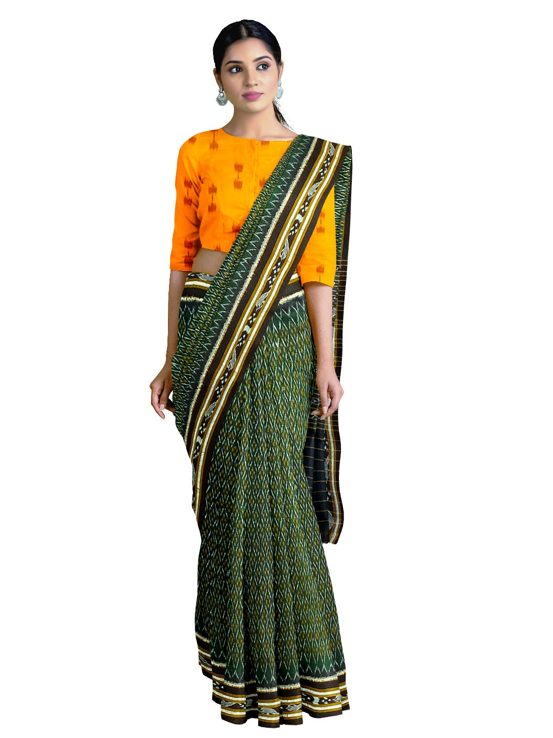 Green Cotton Odisha Ikat saree with mix match cotton ikat blouse piece
