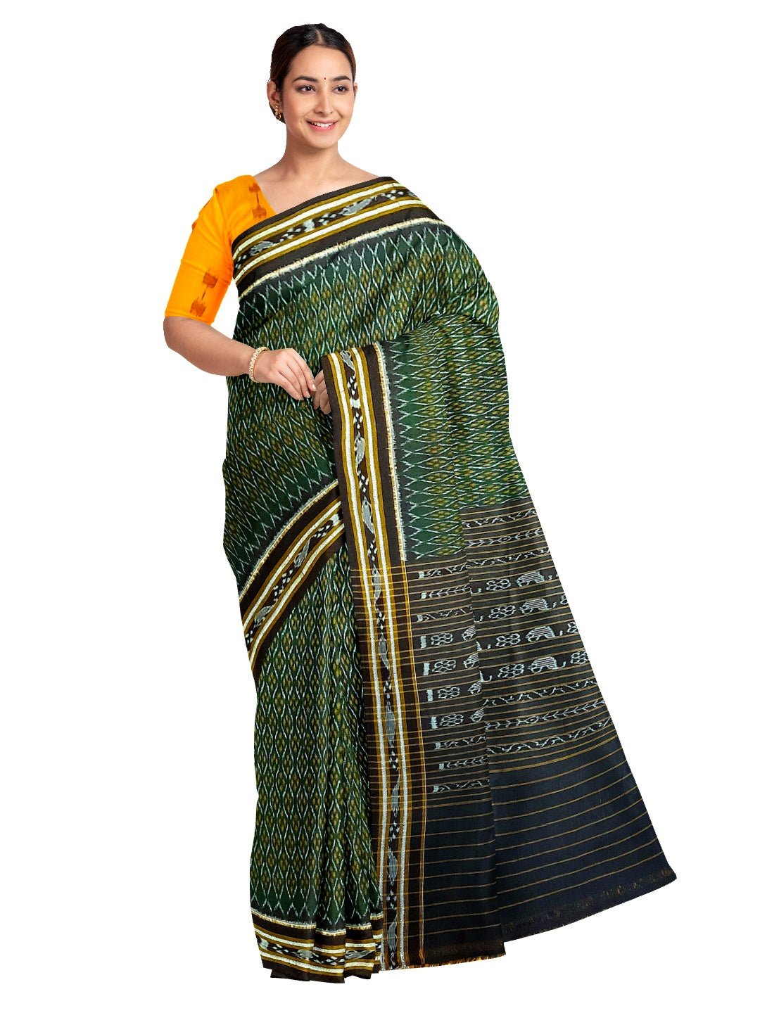 Green Cotton Odisha Ikat saree with mix match cotton ikat blouse piece