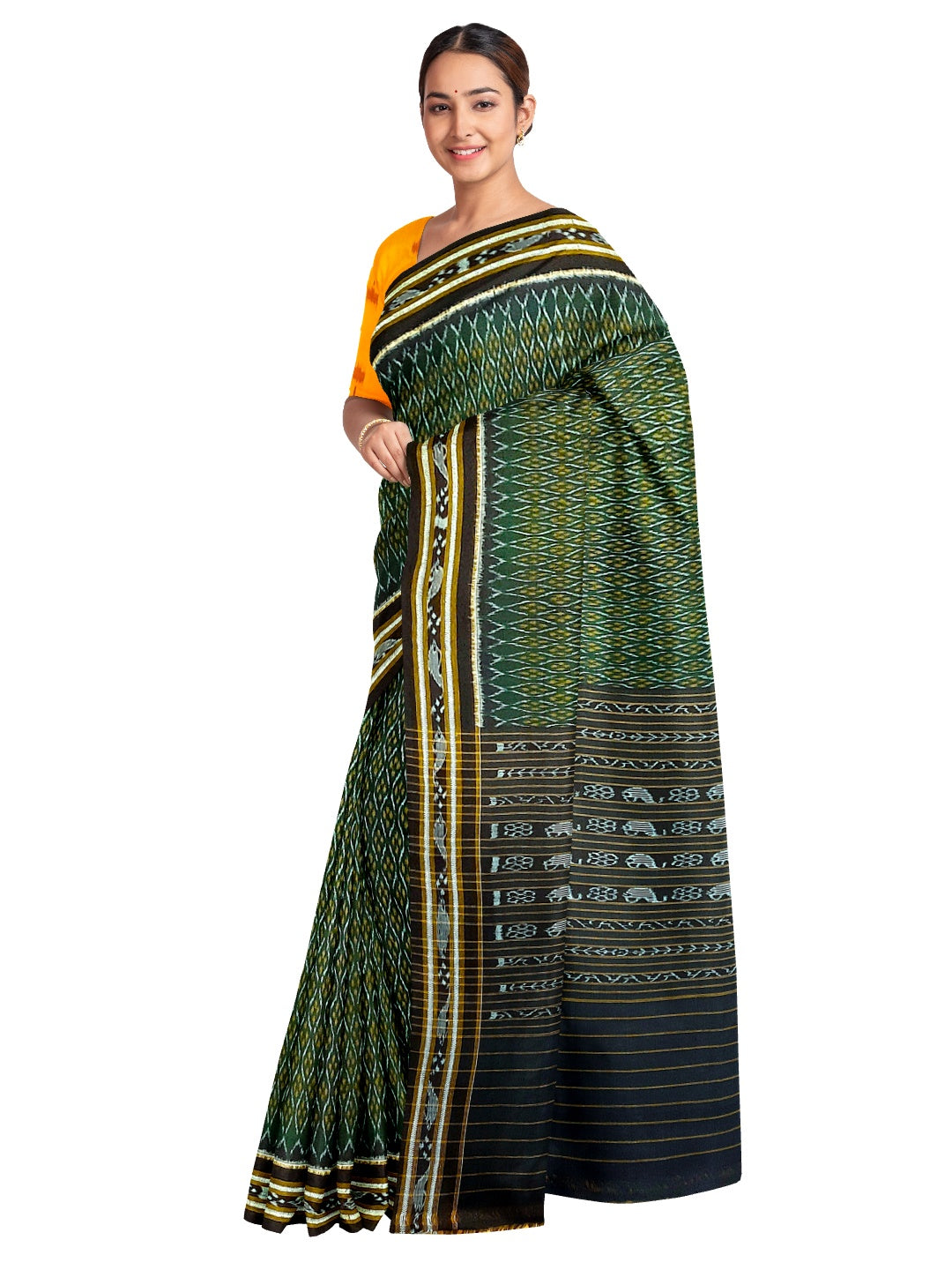 Green Cotton Odisha Ikat saree with mix match cotton ikat blouse piece