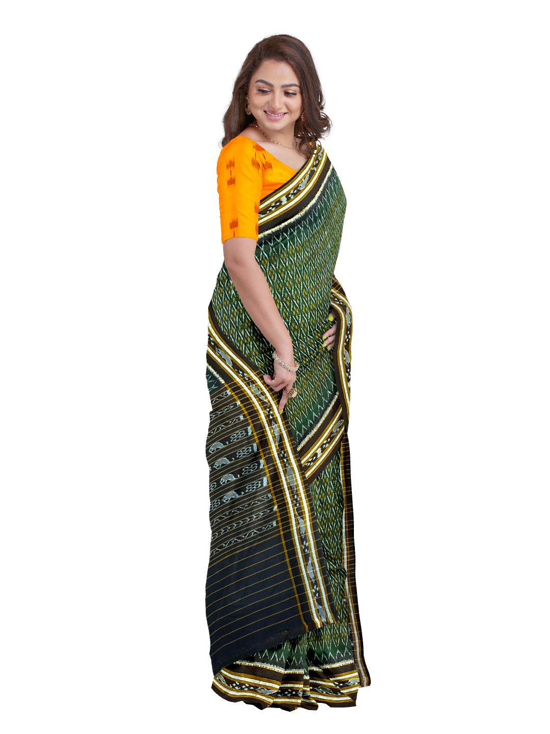 Green Cotton Odisha Ikat saree with mix match cotton ikat blouse piece