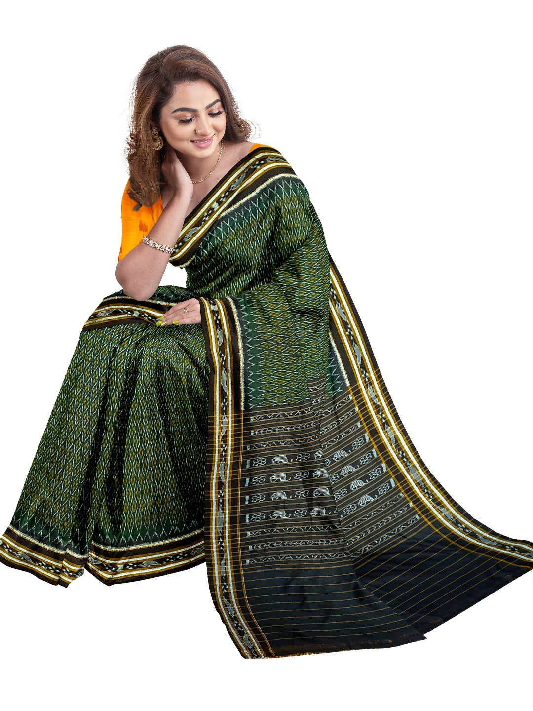 Green Cotton Odisha Ikat saree with mix match cotton ikat blouse piece
