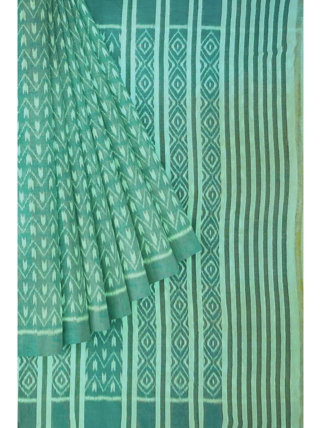 Green Cotton Odisha Ikat saree with mix match cotton ikat blouse piece