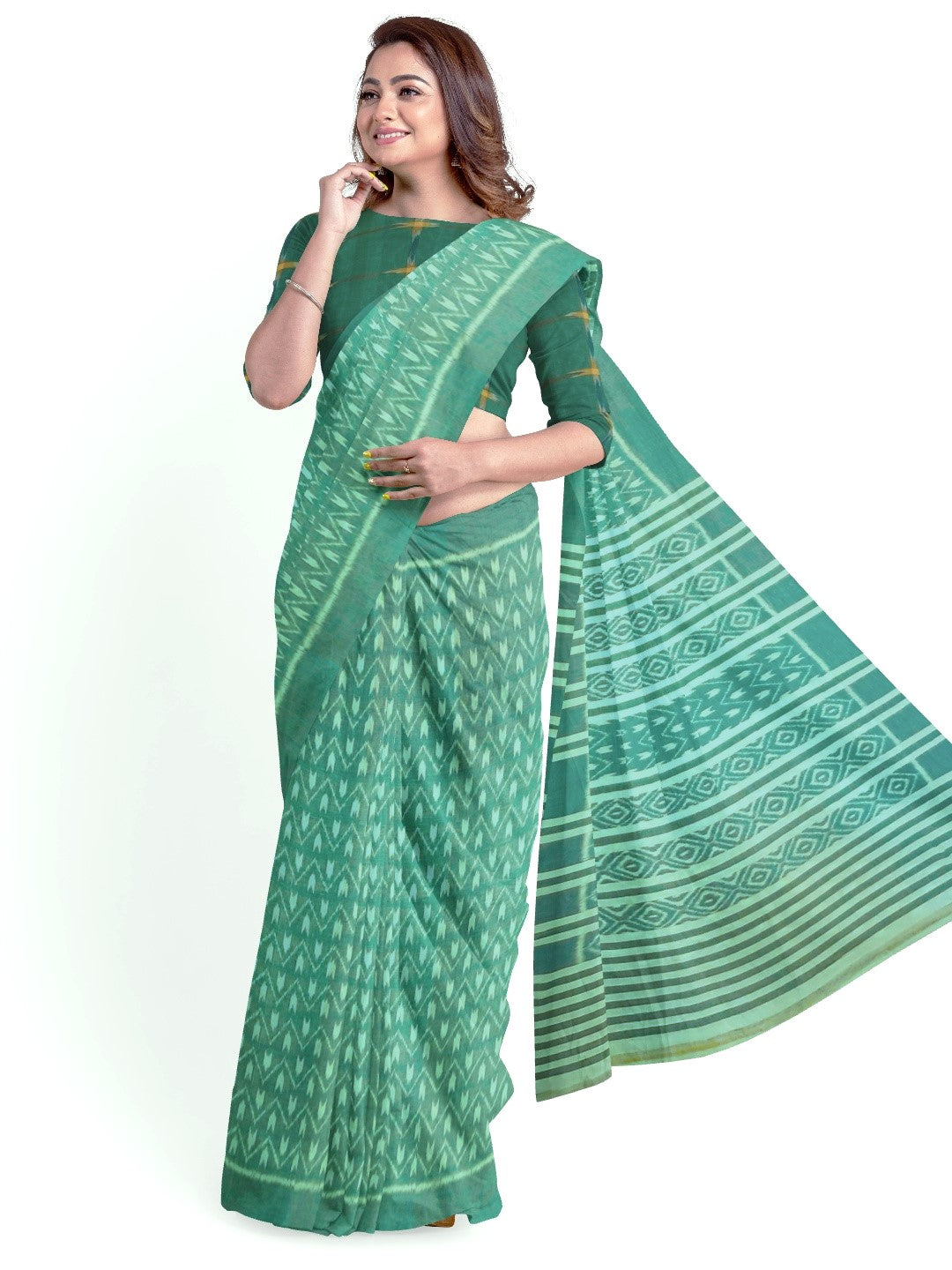 Green Cotton Odisha Ikat saree with mix match cotton ikat blouse piece
