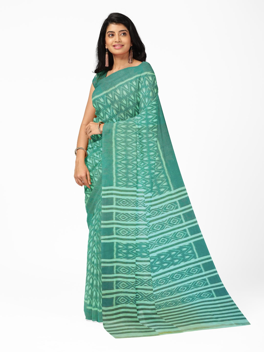 Green Cotton Odisha Ikat saree with mix match cotton ikat blouse piece