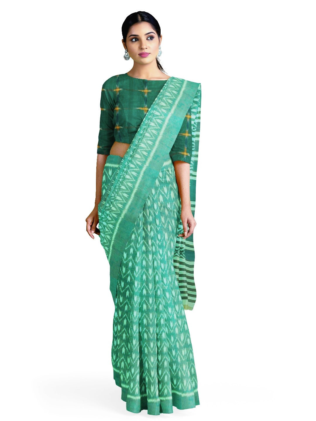 Green Cotton Odisha Ikat saree with mix match cotton ikat blouse piece
