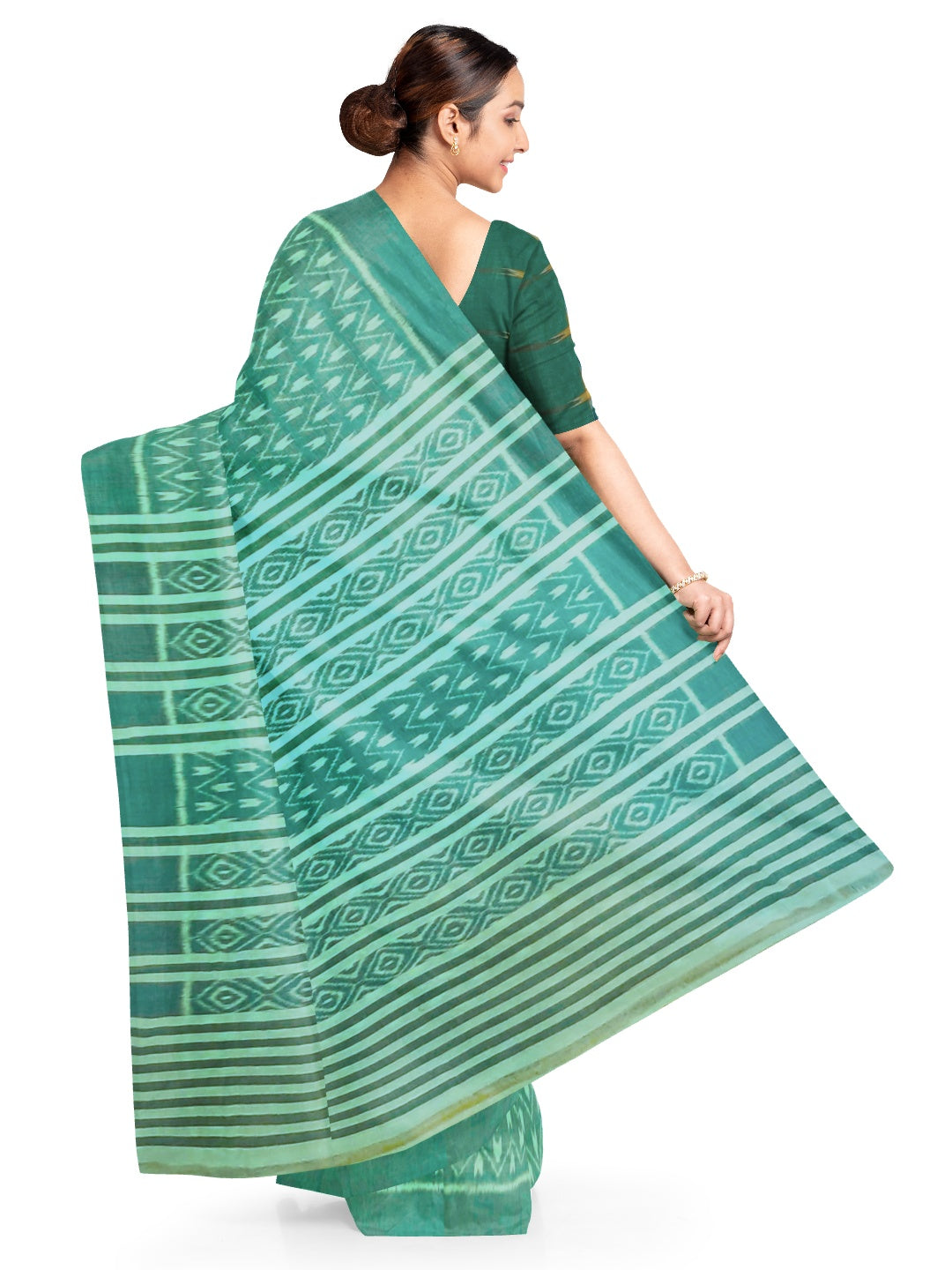 Green Cotton Odisha Ikat saree with mix match cotton ikat blouse piece