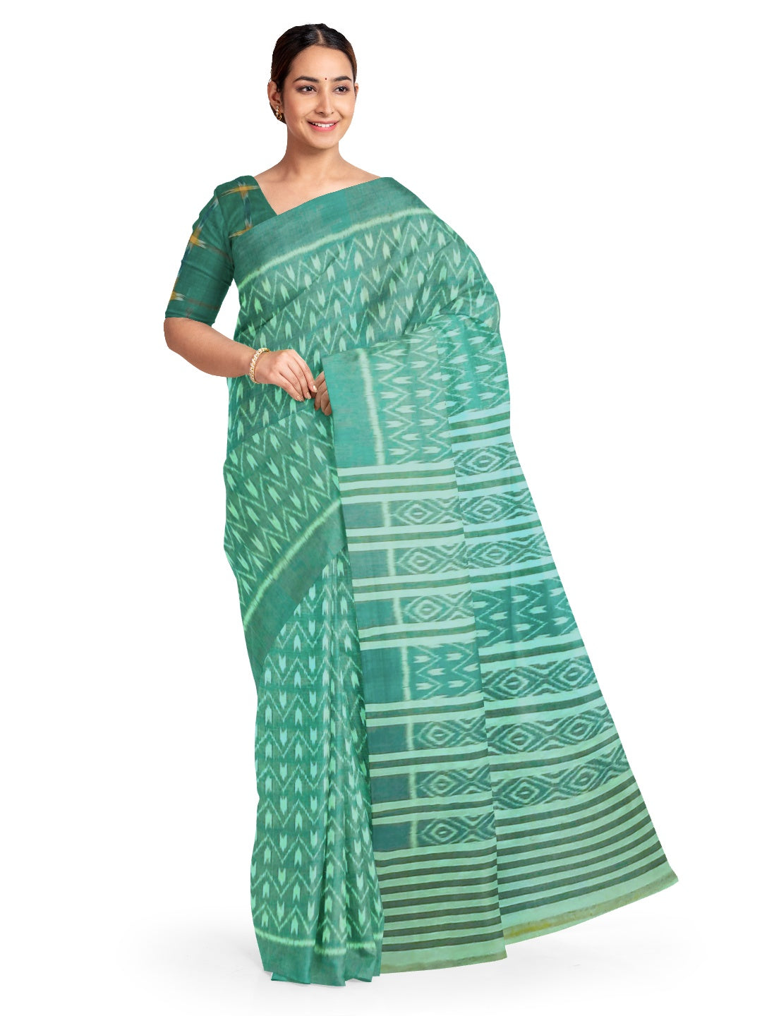 Green Cotton Odisha Ikat saree with mix match cotton ikat blouse piece