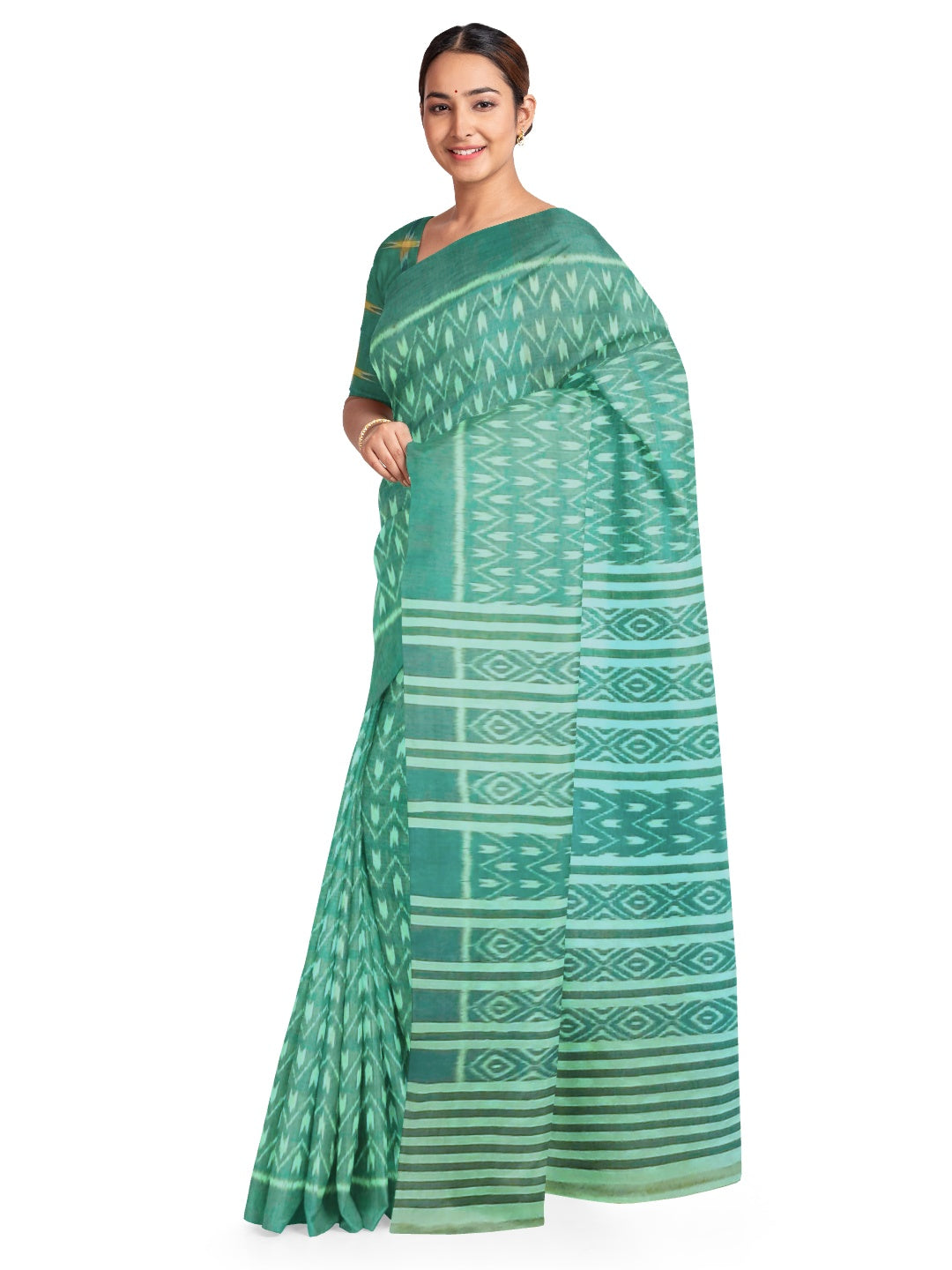 Green Cotton Odisha Ikat saree with mix match cotton ikat blouse piece