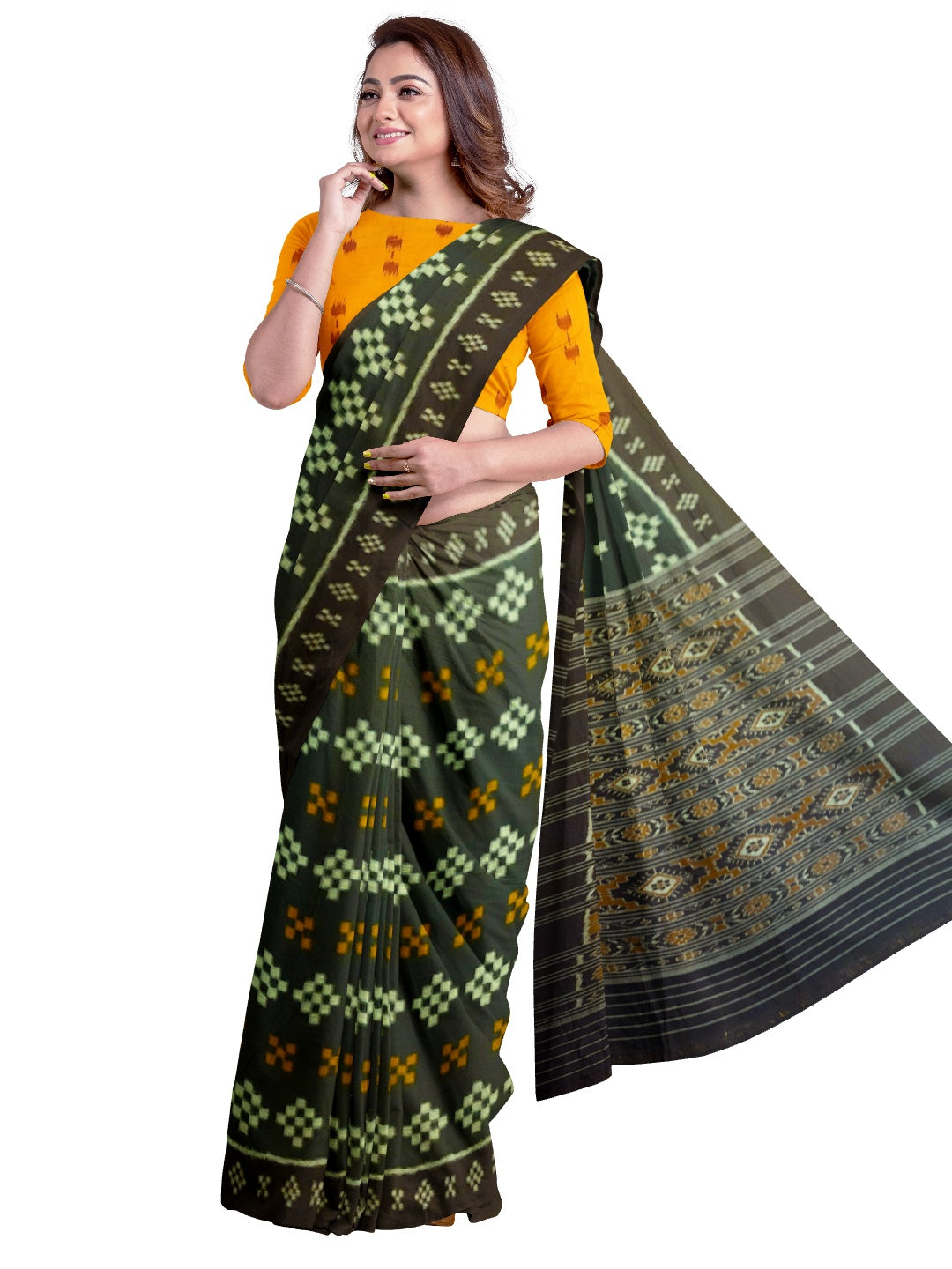 Green  Cotton Odisha Ikat saree with mix match cotton ikat blouse piece