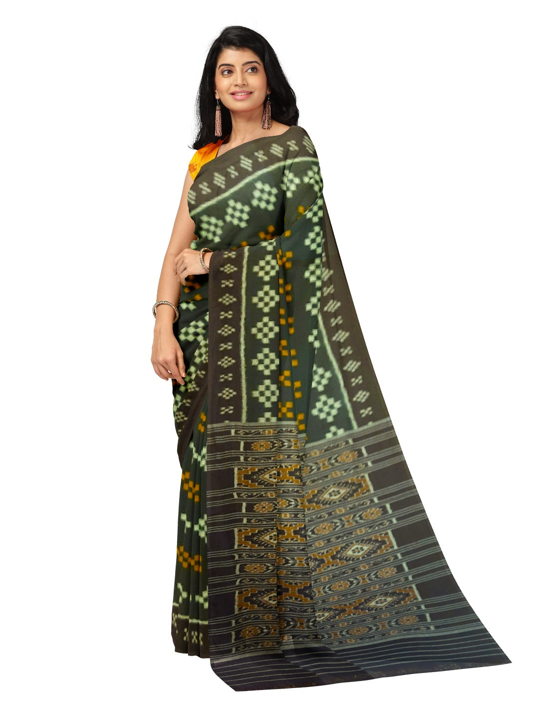 Green  Cotton Odisha Ikat saree with mix match cotton ikat blouse piece