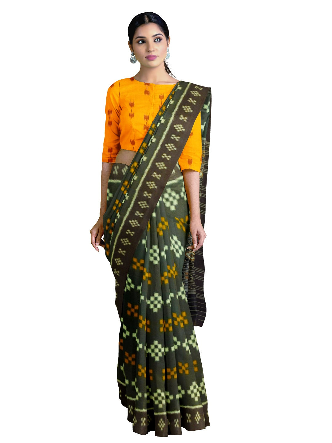 Green  Cotton Odisha Ikat saree with mix match cotton ikat blouse piece
