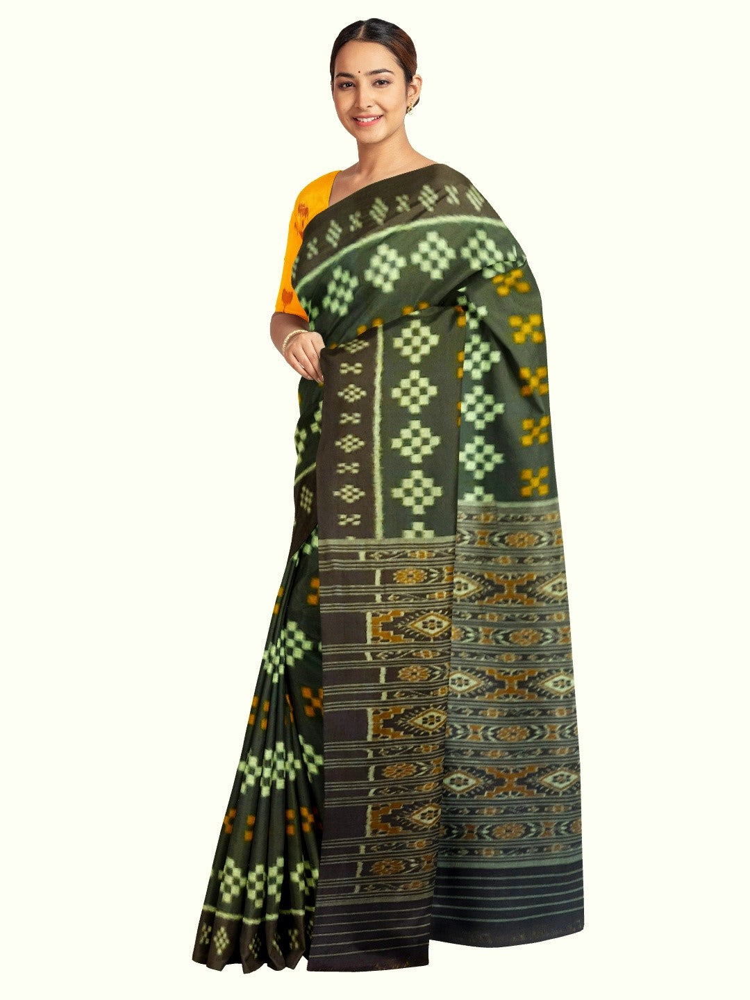 Green  Cotton Odisha Ikat saree with mix match cotton ikat blouse piece
