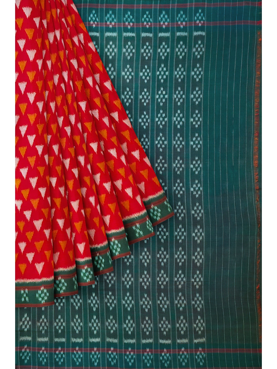 Red with Green  Cotton Odisha Ikat saree with mix match cotton ikat blouse piece