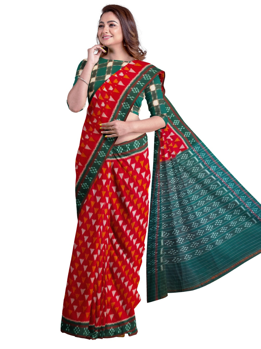 Red with Green  Cotton Odisha Ikat saree with mix match cotton ikat blouse piece