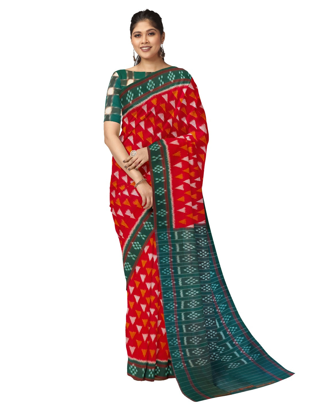 Red with Green  Cotton Odisha Ikat saree with mix match cotton ikat blouse piece