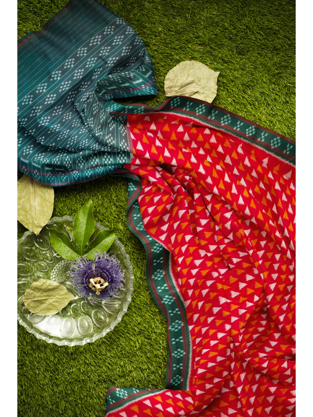 Red with Green  Cotton Odisha Ikat saree with mix match cotton ikat blouse piece