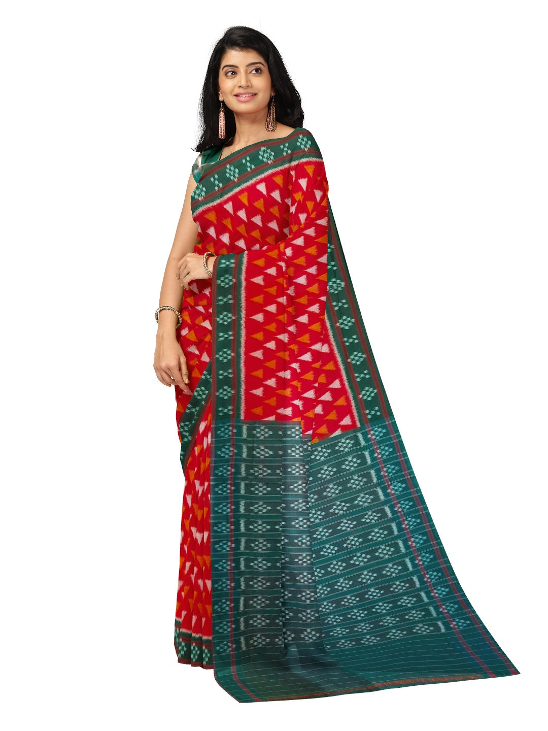 Red with Green  Cotton Odisha Ikat saree with mix match cotton ikat blouse piece