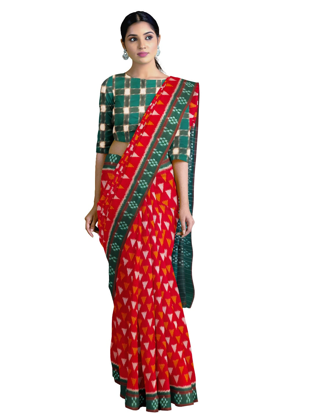 Red with Green  Cotton Odisha Ikat saree with mix match cotton ikat blouse piece