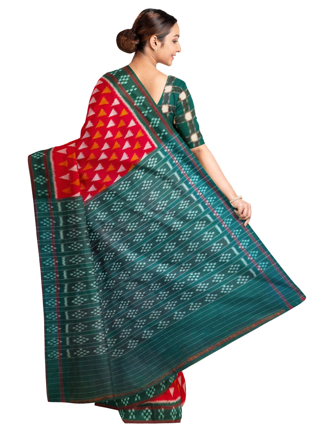 Red with Green  Cotton Odisha Ikat saree with mix match cotton ikat blouse piece