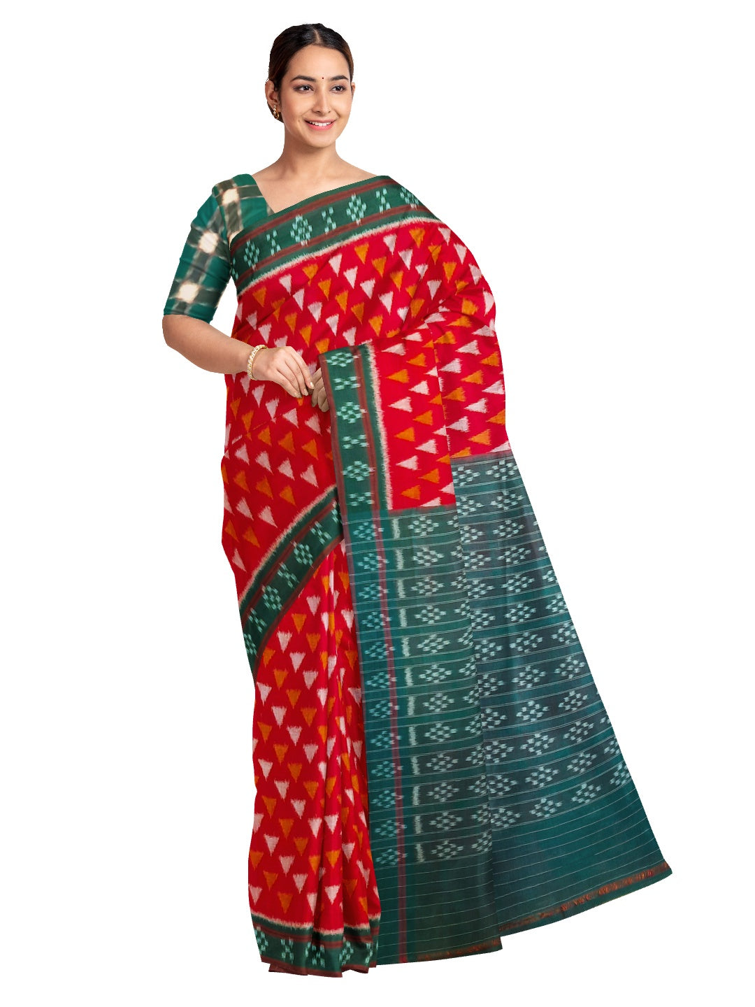 Red with Green  Cotton Odisha Ikat saree with mix match cotton ikat blouse piece