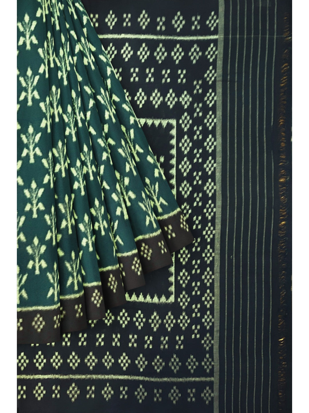Green Cotton Odisha Ikat saree with mix match cotton ikat blouse piece