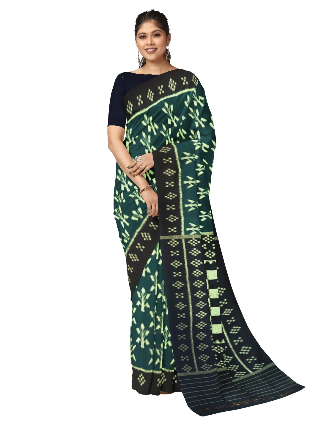 Green Cotton Odisha Ikat saree with mix match cotton ikat blouse piece