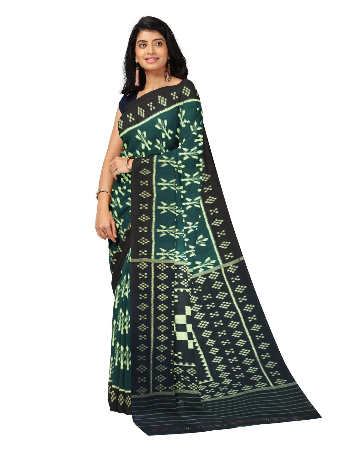Green Cotton Odisha Ikat saree with mix match cotton ikat blouse piece