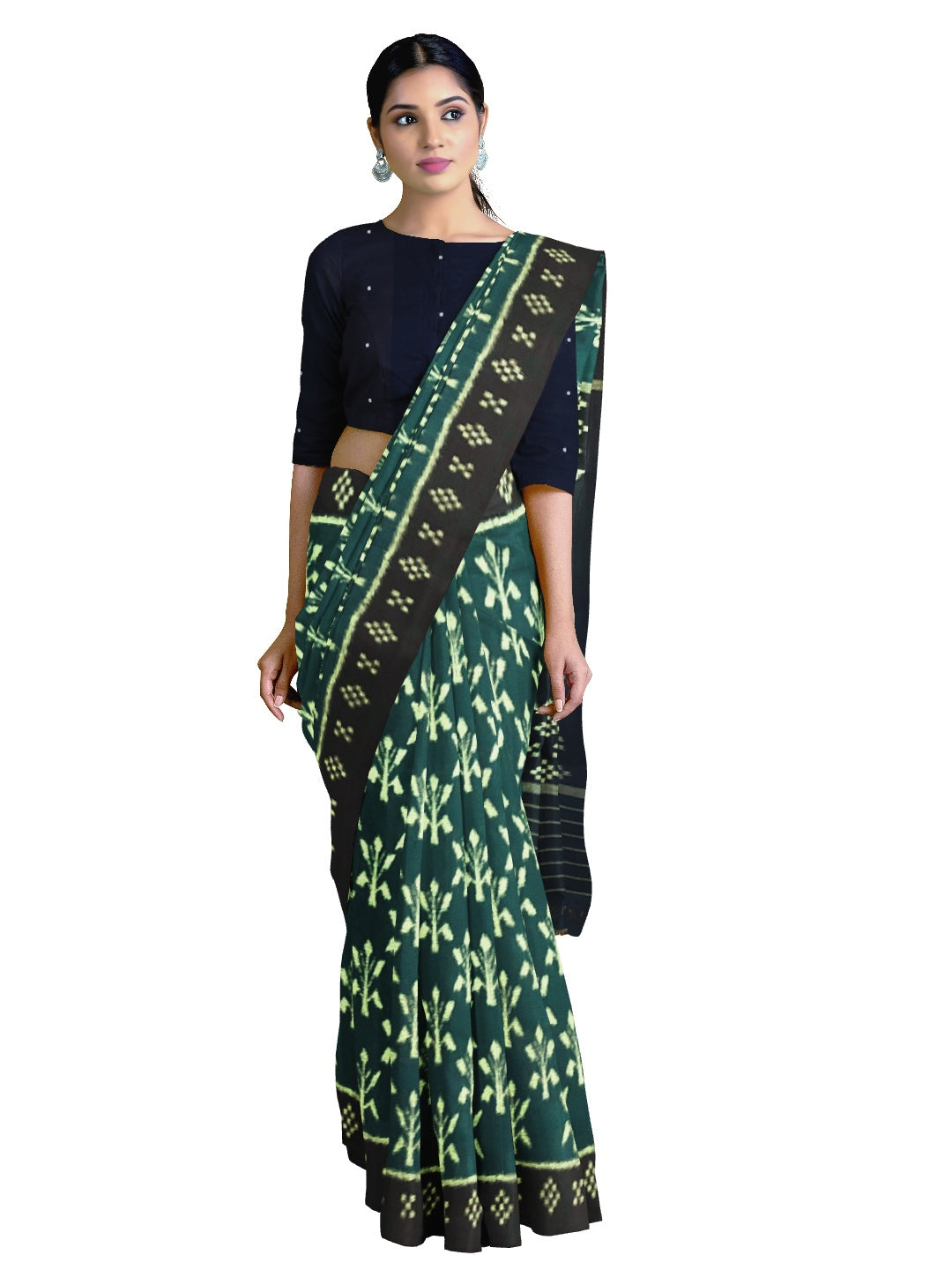 Green Cotton Odisha Ikat saree with mix match cotton ikat blouse piece