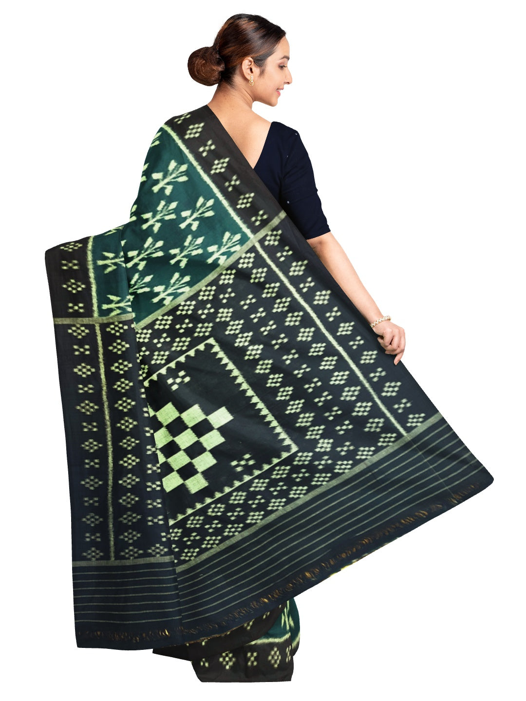 Green Cotton Odisha Ikat saree with mix match cotton ikat blouse piece