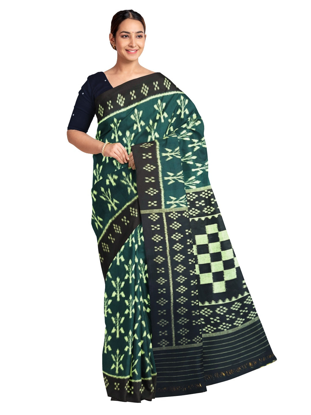 Green Cotton Odisha Ikat saree with mix match cotton ikat blouse piece