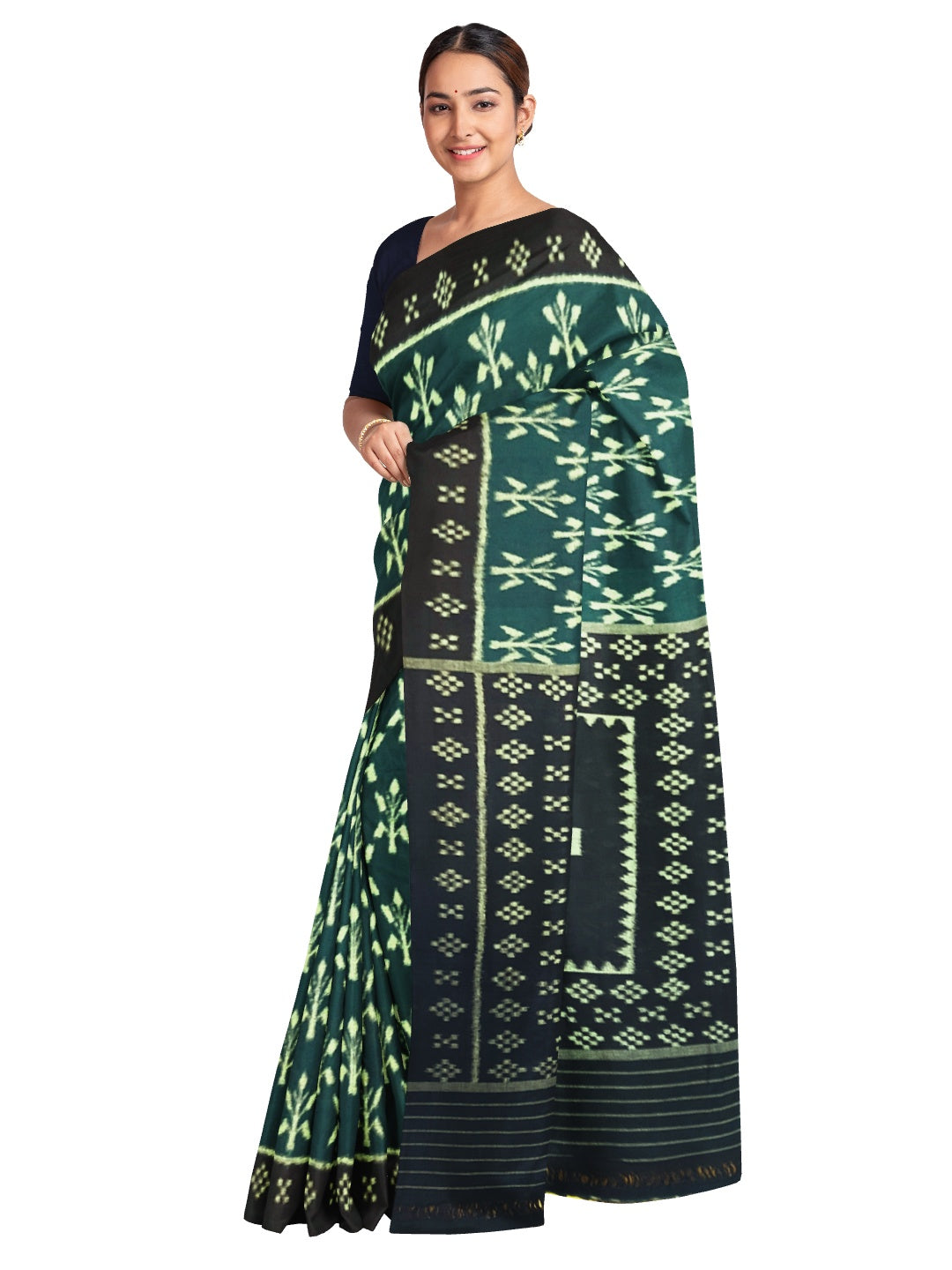 Green Cotton Odisha Ikat saree with mix match cotton ikat blouse piece