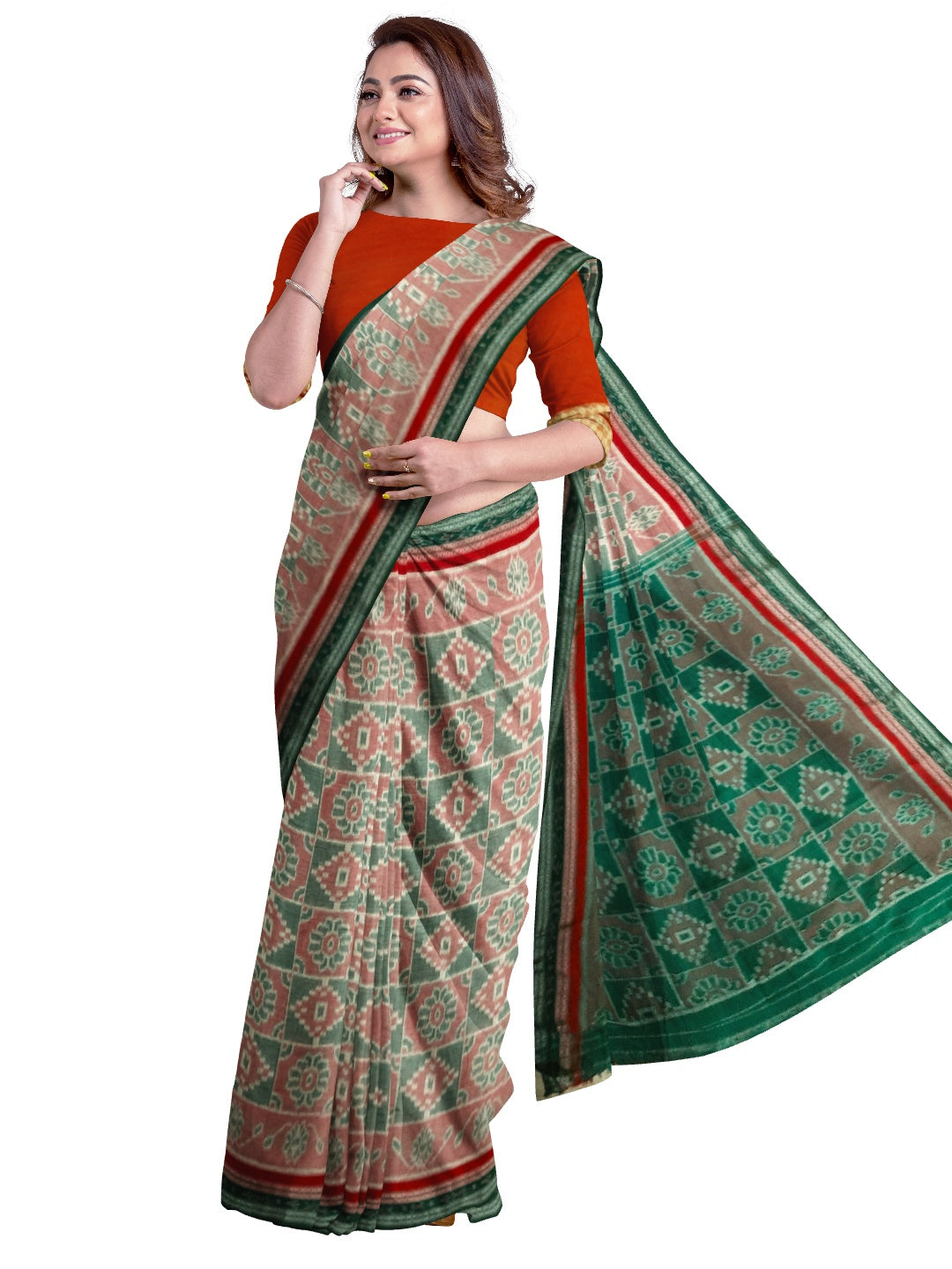 Double border Cotton Odisha Ikat saree with mix match cotton ikat blouse piece