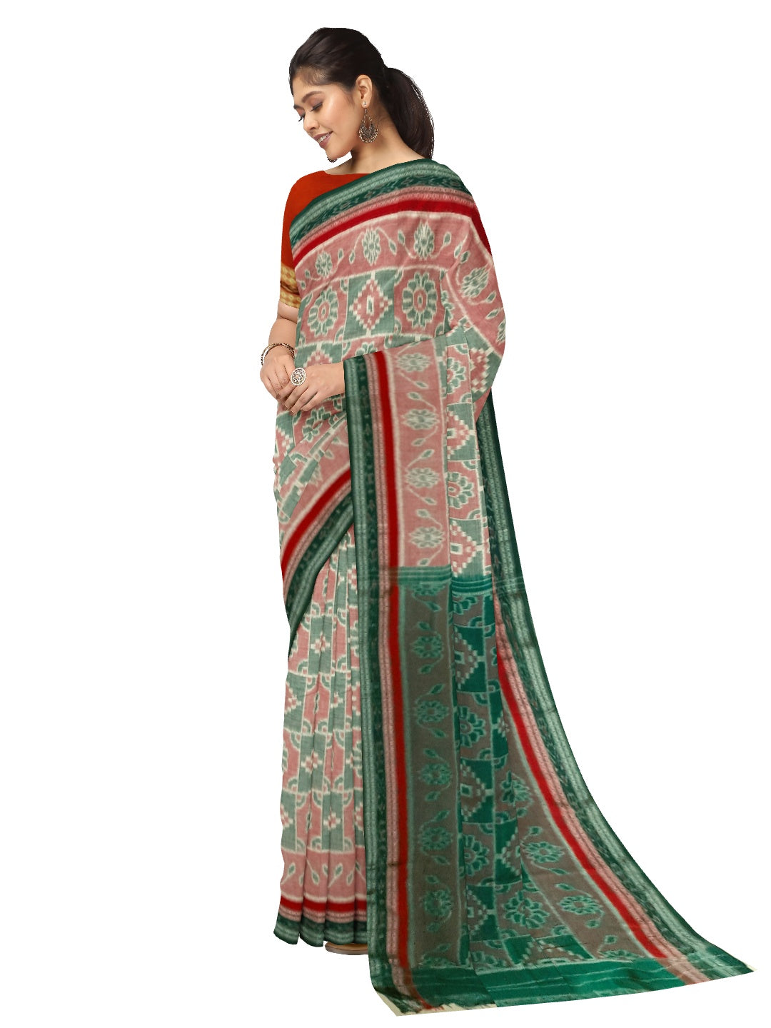 Double border Cotton Odisha Ikat saree with mix match cotton ikat blouse piece