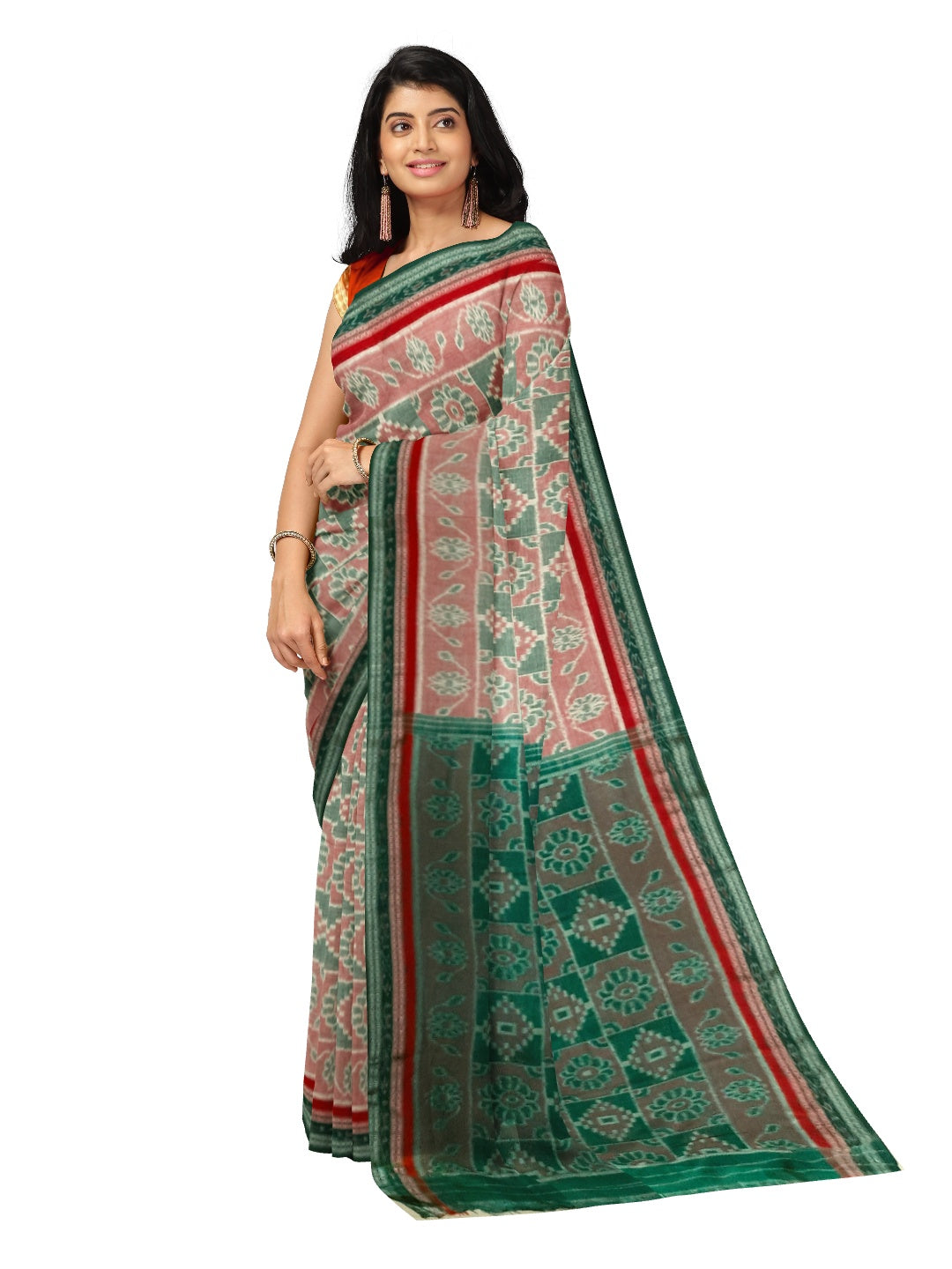 Double border Cotton Odisha Ikat saree with mix match cotton ikat blouse piece