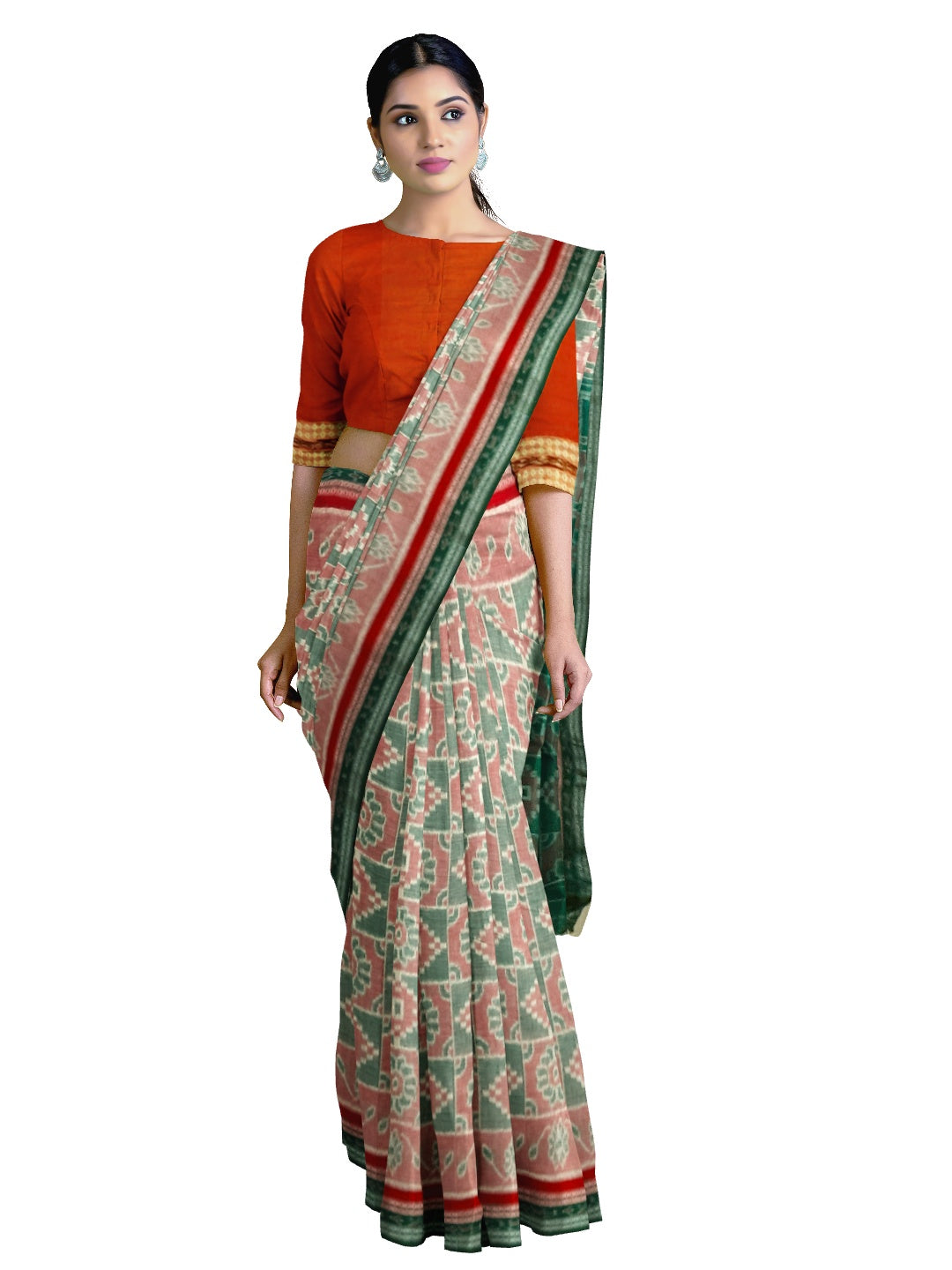 Double border Cotton Odisha Ikat saree with mix match cotton ikat blouse piece